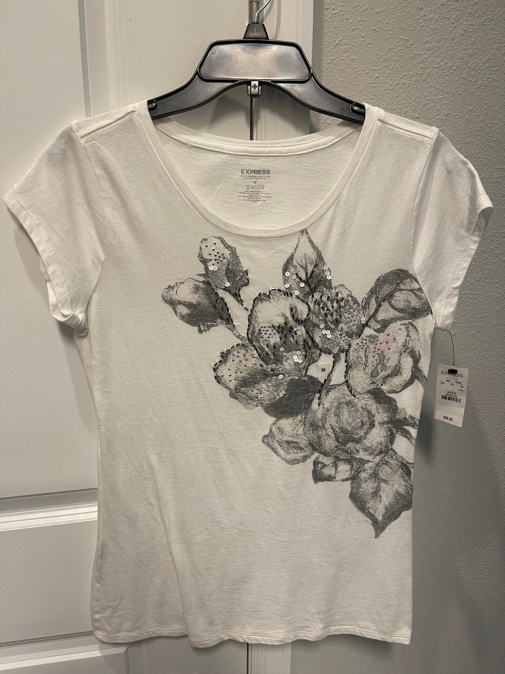 Express White Short Sleeve Tee with Gray Floral Sequin Design